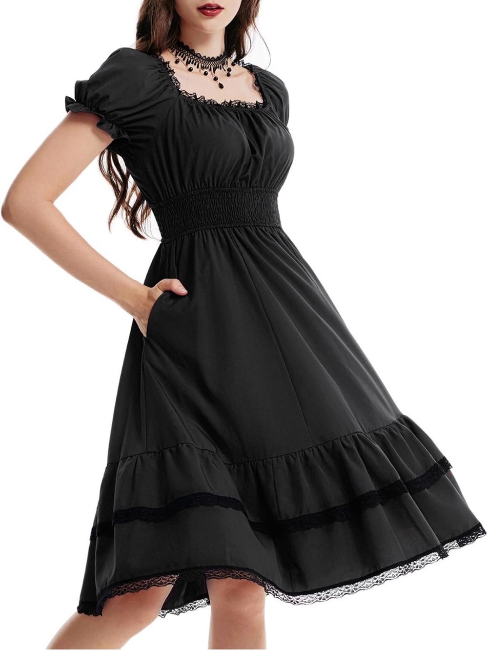 Scarlet Darkness Black Gothic Pirate A-Line Midi Dress Pockets Small